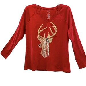 NWT St Johns Bay Red Jersey Knit Long Sleeves Gold Reindeer Motif Size L